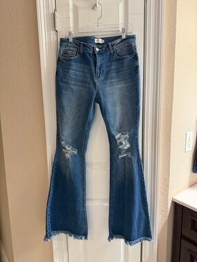 Women’s Mid-Rise Distressed Flare Jeans - Blue